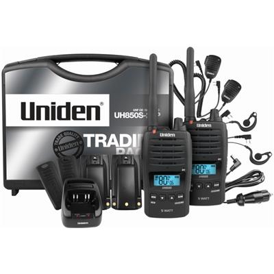 Uniden UH850S Portable 80Ch CB UHF 5w Waterproof, Speaker Mic/Dual Desktop Charger/Li-Ion 2220mAh Batt/Vox/12V Charger/Mag Antenna Tradies Pack