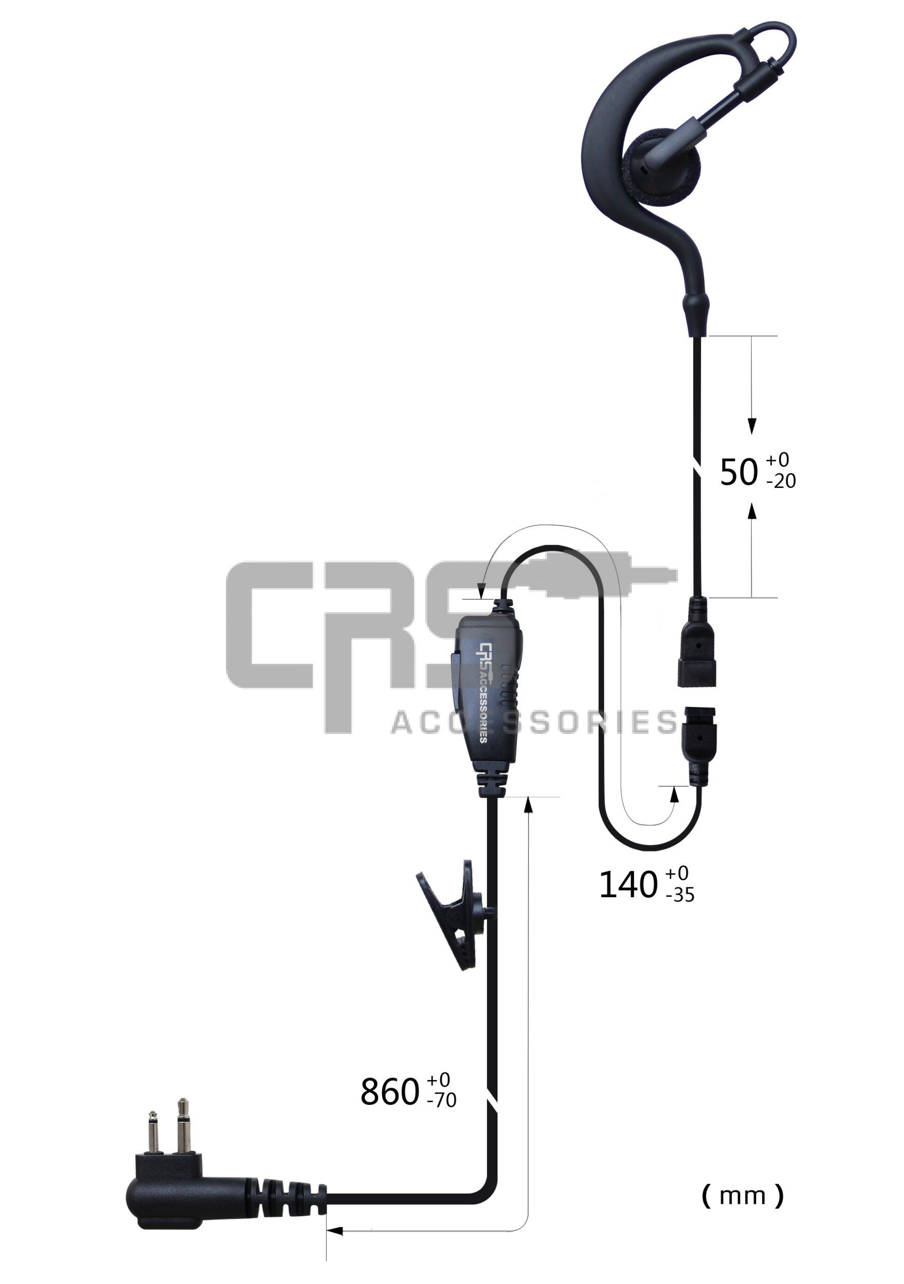 CRS Single Wire Earhook Earpiece with Inline PTT/MIC to suit Motorola/HYT 2 pin